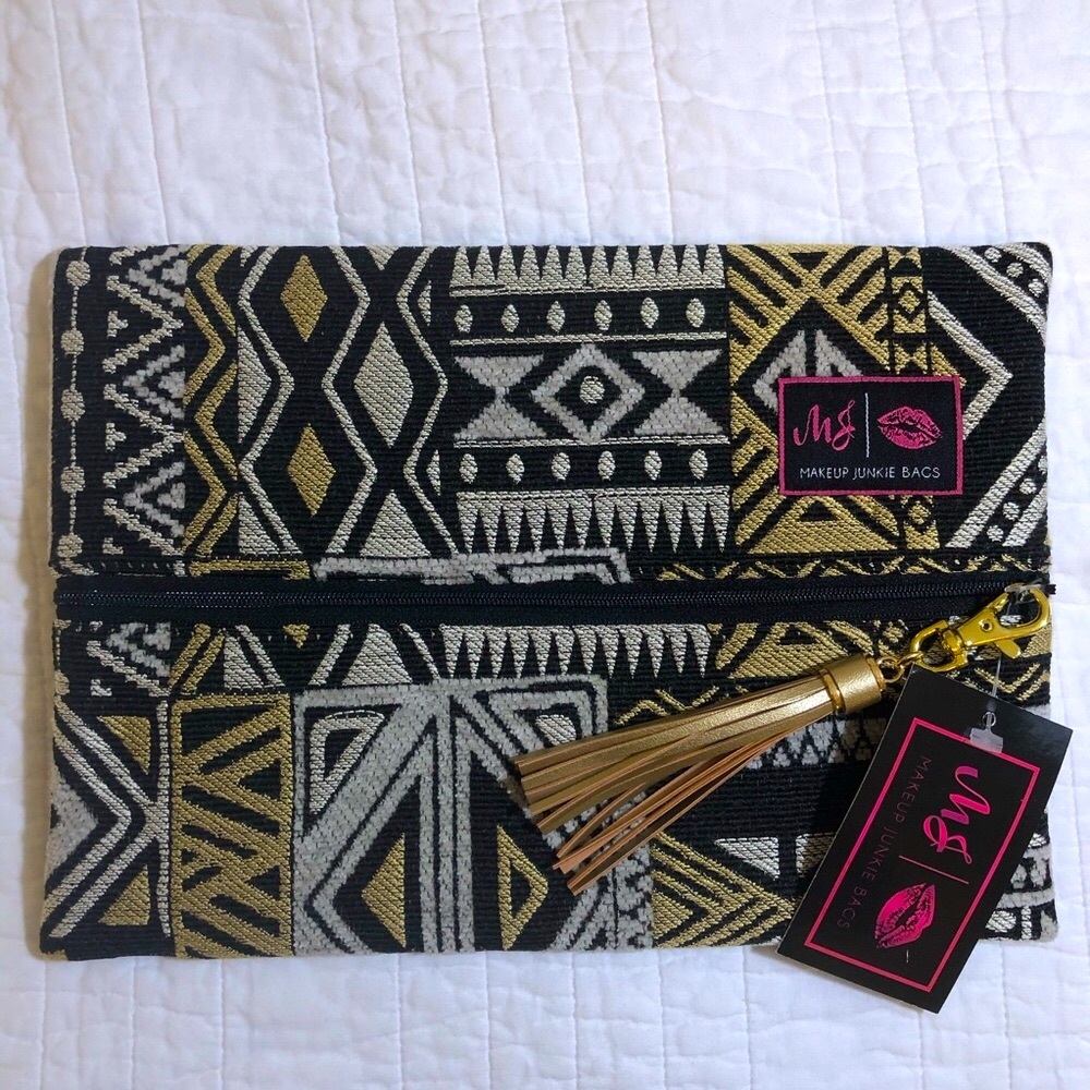 NEW Makeup Junkie Bag Size Med Black & Gold Aztec